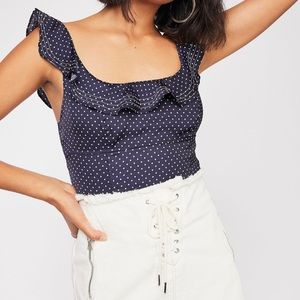 Free People Stay With you Navy Polka Dot Top